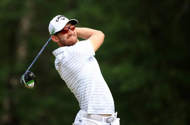 Patrick Rodgers plays his shot from the 12th tee during the third round of the Palmetto Championship at Congaree on June 12, 2021 in Ridgeland, South...