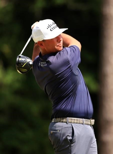 Chez Reavie plays his shot from the 12th tee during the third round of the Palmetto Championship at Congaree on June 12, 2021 in Ridgeland, South...