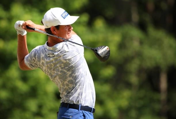 Harris English plays his shot from the 12th tee during the third round of the Palmetto Championship at Congaree on June 12, 2021 in Ridgeland, South...