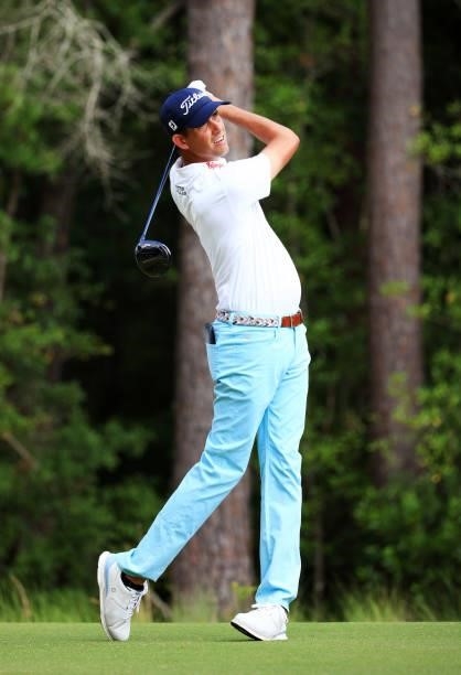 Chesson Hadley plays his shot from the 12th tee during the third round of the Palmetto Championship at Congaree on June 12, 2021 in Ridgeland, South...