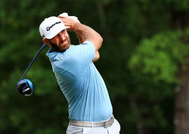 Dustin Johnson plays his shot from the 12th tee during the third round of the Palmetto Championship at Congaree on June 12, 2021 in Ridgeland, South...