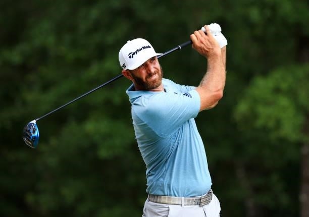 Dustin Johnson plays his shot from the 12th tee during the third round of the Palmetto Championship at Congaree on June 12, 2021 in Ridgeland, South...
