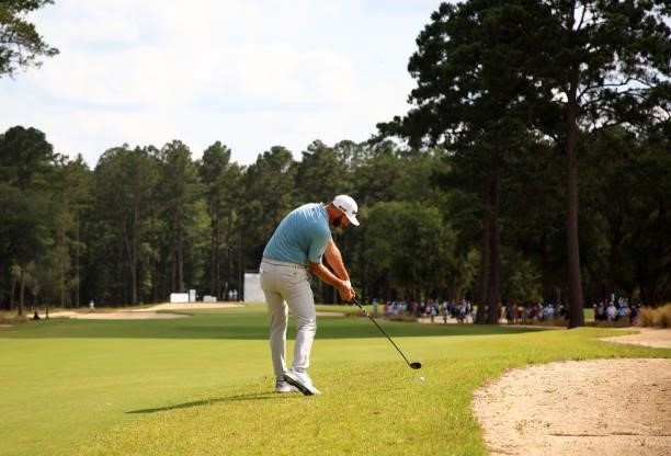 Dustin Johnson plays his shot on the 12th hole during the third round of the Palmetto Championship at Congaree on June 12, 2021 in Ridgeland, South...