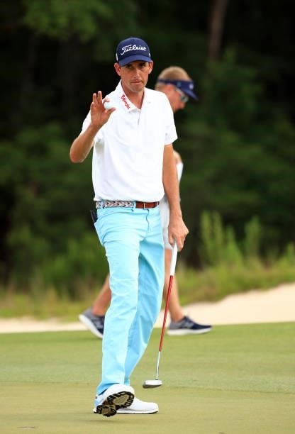Chesson Hadley reacts to his putt on the 12th green during the third round of the Palmetto Championship at Congaree on June 12, 2021 in Ridgeland,...
