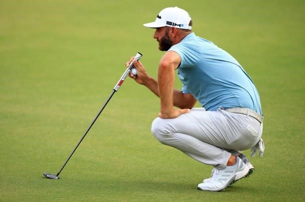 Dustin Johnson lines up a putt on the 12th green during the third round of the Palmetto Championship at Congaree on June 12, 2021 in Ridgeland, South...