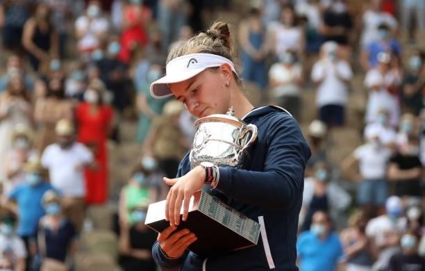 Winner Barbora Krejcikova of Czech Republic during the trophy ceremony of the Women's Singles final on day 14 of the French Open 2021, Roland-Garros...