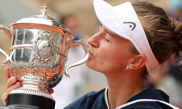 Winner Barbora Krejcikova of Czech Republic during the trophy ceremony of the Women's Singles final on day 14 of the French Open 2021, Roland-Garros...
