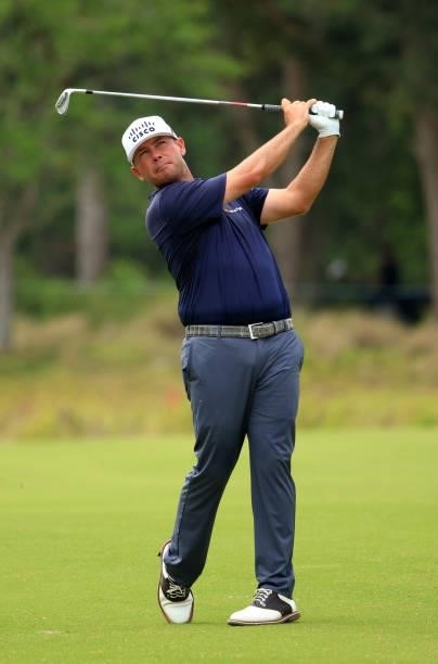 Chez Reavie plays his shot on the 16th hole during the third round of the Palmetto Championship at Congaree on June 12, 2021 in Ridgeland, South...