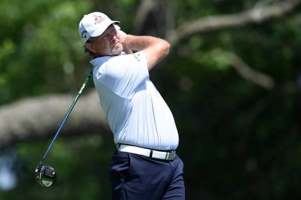 Retief Goosen of South Africa hits his tee shot on the second hole during the second round of the American Family Insurance Championship at...