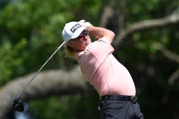 Miguel Angel Jimenez of Spain hits his tee shot on the second hole during the second round of the American Family Insurance Championship at...