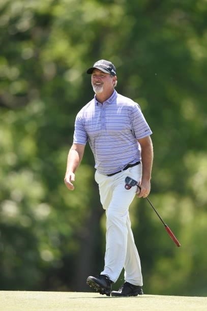 Jerry Kelly reacts after a putt on the fourth green during the second round of the American Family Insurance Championship at University Ridge Golf...