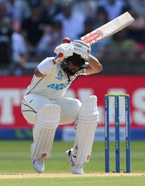 Ajaz Patel of New Zealand avoids a bouncer during the third day of the second LV= Test Match between England and New Zealand at Edgbaston on June 12,...