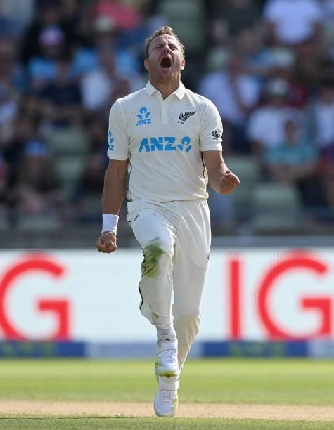 Neil Wagner of New Zealand celebrates after dismissing Dan Lawrence of England during the third day of the second LV= Test Match between England and...