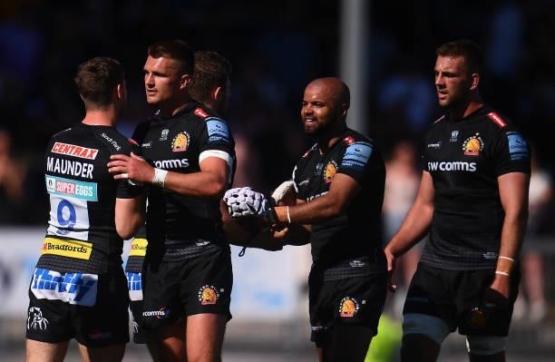 Jack Maunder and Henry Slade of Exeter Chiefs interact following the Gallagher Premiership Rugby match between Exeter Chiefs and Sale at Sandy Park...