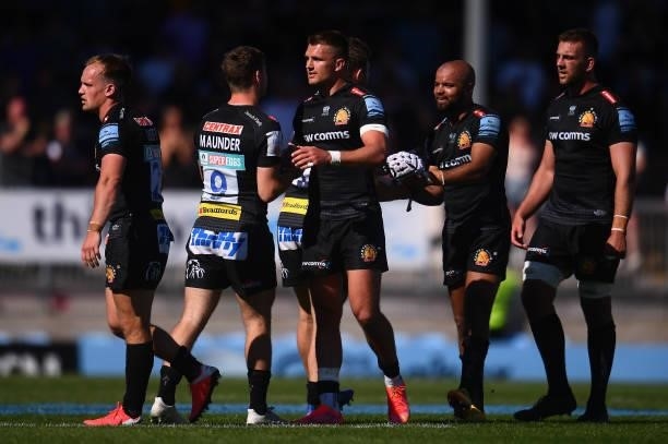 Jack Maunder and Henry Slade of Exeter Chiefs interact following the Gallagher Premiership Rugby match between Exeter Chiefs and Sale at Sandy Park...