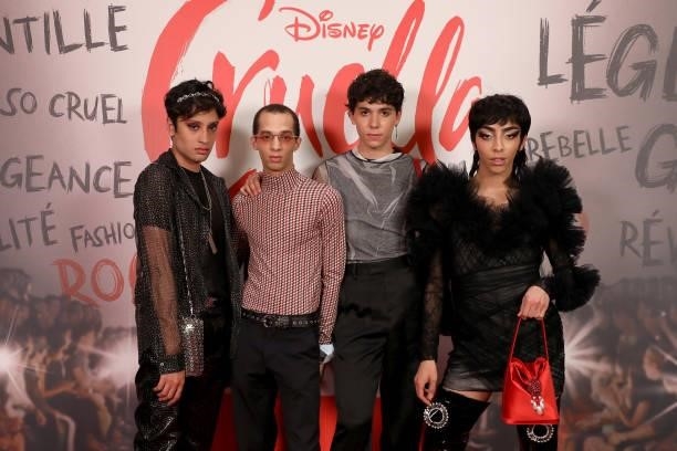 Sparkdise, Wesley Krid, Sulivan Gwed and Bilal Hassani attend the “Cruella” Paris Gala Screening at cinema Le Grand Rex on June 11, 2021 in Paris,...