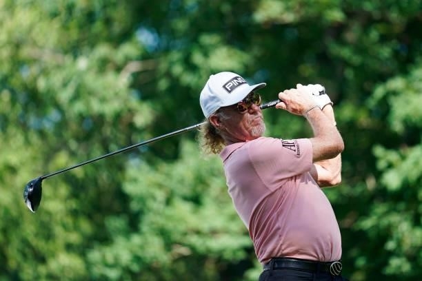 Miguel Angel Jimenez of Spain hits his tee shot on the 18th hole during the second round of the American Family Insurance Championship at University...