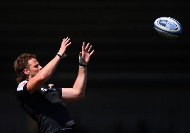 Jonny Hill of Exeter Chiefs wins the line out ball during the Gallagher Premiership Rugby match between Exeter Chiefs and Sale at Sandy Park on June...