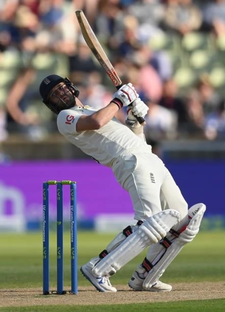 Mark Wood of England misses the ball during the third day of the second LV= Test Match between England and New Zealand at Edgbaston on June 12, 2021...