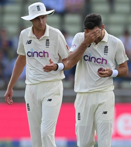 Stuart Broad and James Anderson of England during the third day of the second LV= Test Match between England and New Zealand at Edgbaston on June 12,...