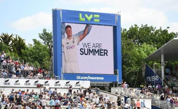 The big screen during the third day of the second LV= Test Match between England and New Zealand at Edgbaston on June 12, 2021 in Birmingham, England.