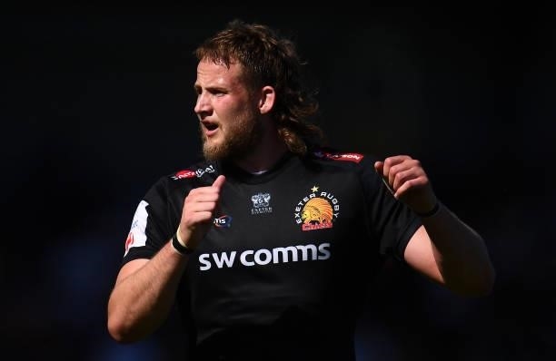 Jonny Hill of Exeter Chiefs looks on during the Gallagher Premiership Rugby match between Exeter Chiefs and Sale at Sandy Park on June 12, 2021 in...