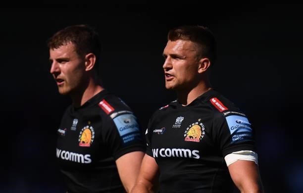 Ollie Devoto and Henry Slade of Exeter Chiefs look on during the Gallagher Premiership Rugby match between Exeter Chiefs and Sale at Sandy Park on...