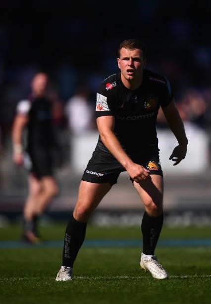 Joe Simmonds of Exeter Chiefs looks on during the Gallagher Premiership Rugby match between Exeter Chiefs and Sale at Sandy Park on June 12, 2021 in...