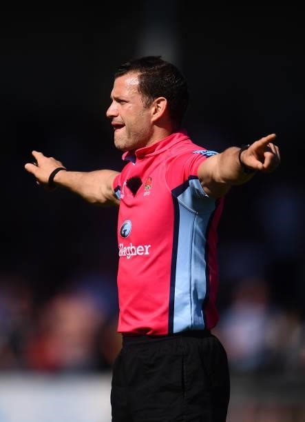 Match Referee Karl Dickson looks on during the Gallagher Premiership Rugby match between Exeter Chiefs and Sale at Sandy Park on June 12, 2021 in...