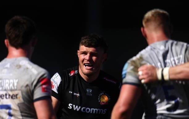 Dave Ewers of Exeter Chiefs looks on during the Gallagher Premiership Rugby match between Exeter Chiefs and Sale at Sandy Park on June 12, 2021 in...