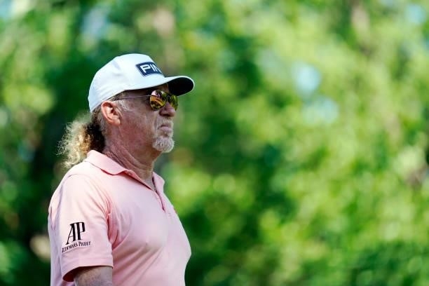 Miguel Angel Jimenez of Spain walks off the 18th tee box during the second round of the American Family Insurance Championship at University Ridge...