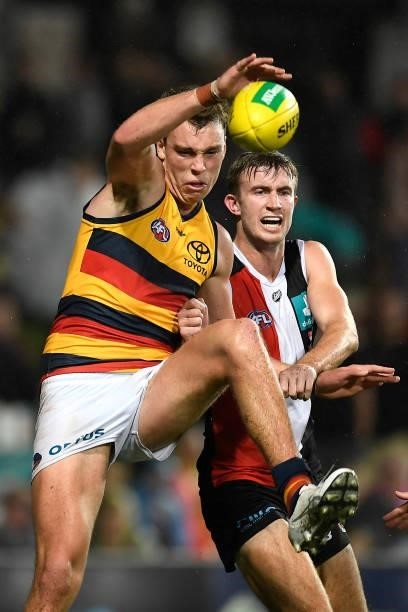 Riley Thilthorpe of the Crows in action during the round 13 AFL match between the St Kilda Saints and the Adelaide Crows at Cazaly's Stadium on June...