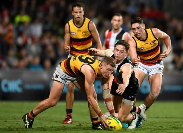 Rory Laird of the Crows competes for the ball during the round 13 AFL match between the St Kilda Saints and the Adelaide Crows at Cazaly's Stadium on...