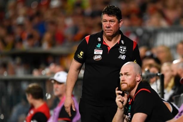 St Kilda coach Brett Ratten looks on during the round 13 AFL match between the St Kilda Saints and the Adelaide Crows at Cazaly's Stadium on June 12,...