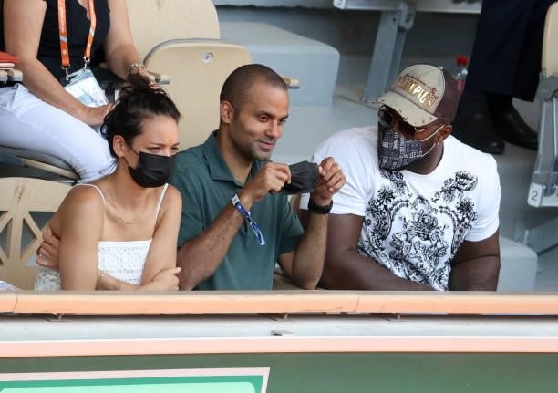 Tony Parker, his girlfriend Alize Lim , Teddy Riner attend day 13 of the 2021 Roland-Garros, French Open, a Grand Slam tennis tournament at...