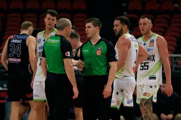 Referees are seen during game one of the NBL Semi-Final Series between Melbourne United and the South East Melbourne Phoenix at Qudos Bank Arena, on...