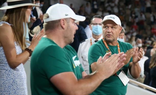 Marian Vajda, coach of Novak Djokovic of Serbia celebrates his victory against Rafael Nadal of Spain during day 13 of the French Open 2021,...