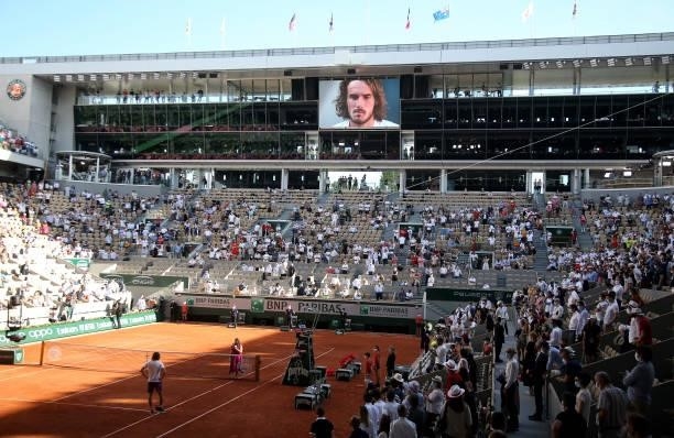 Stefanos Tsitsipas of Greece on-court interview after his victory during day 13 of the French Open 2021, Roland-Garros 2021, Grand Slam tennis...