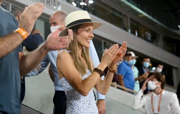 Jelena Djokovic, wife of Novak Djokovic of Serbia celebrates his victory against Rafael Nadal of Spain during day 13 of the French Open 2021,...