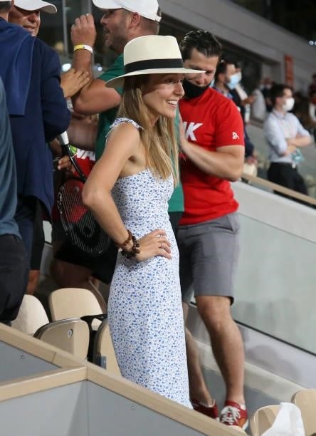 Jelena Djokovic, wife of Novak Djokovic of Serbia celebrates his victory against Rafael Nadal of Spain during day 13 of the French Open 2021,...