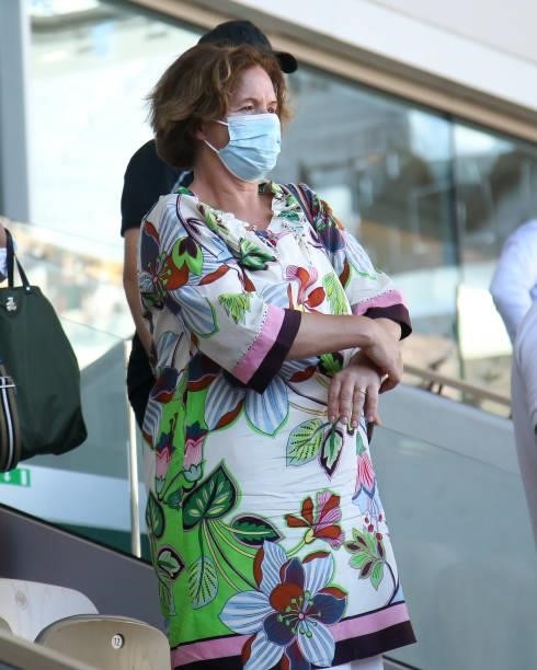 Julia Salnikova, mother of Stefanos Tsitsipas of Greece celebrates his victory during day 13 of the French Open 2021, Roland-Garros 2021, Grand Slam...