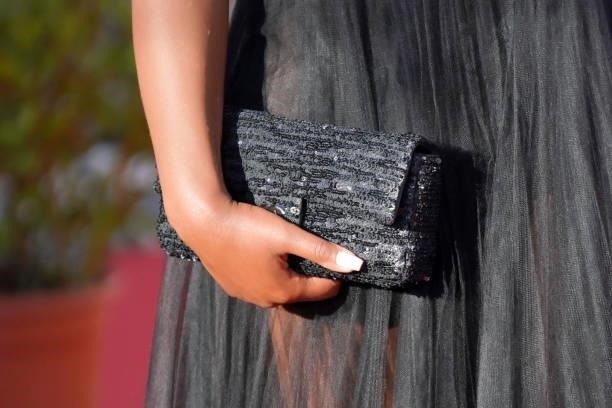 Maïmouna Doucouré, clutch detail, attends the red carpet closing ceremony of the 35th Cabourg Film Festival - Day Four on June 12, 2021 in Cabourg,...