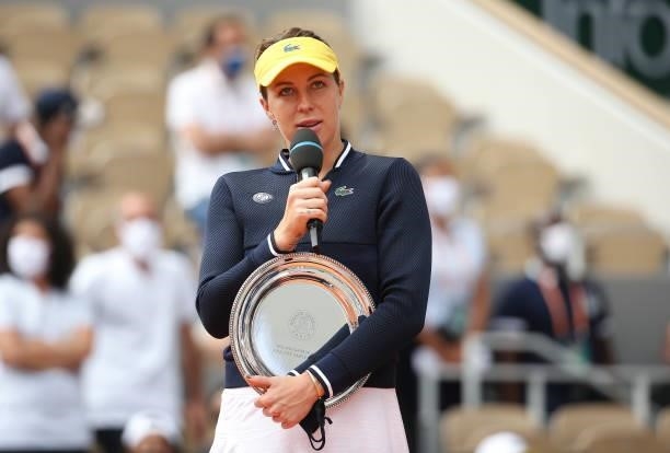 Finalist Anastasia Pavlyuchenkova of Russia during the trophy ceremony of the Women's Singles final on day 14 of the French Open 2021, Roland-Garros...