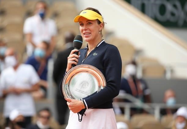 Finalist Anastasia Pavlyuchenkova of Russia during the trophy ceremony of the Women's Singles final on day 14 of the French Open 2021, Roland-Garros...