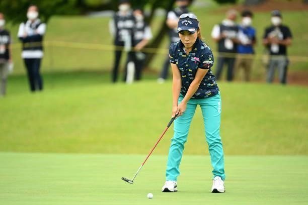 Ayako Kimura of Japan lines up a putt on the 9th green during the final round of the Ai Miyazato Suntory Ladies Open at Rokko Kokusai Golf Club on...