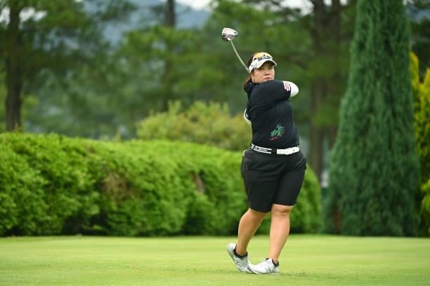 Miki Sakai of Japan hits her tee shot on the 13th hole during the final round of the Ai Miyazato Suntory Ladies Open at Rokko Kokusai Golf Club on...