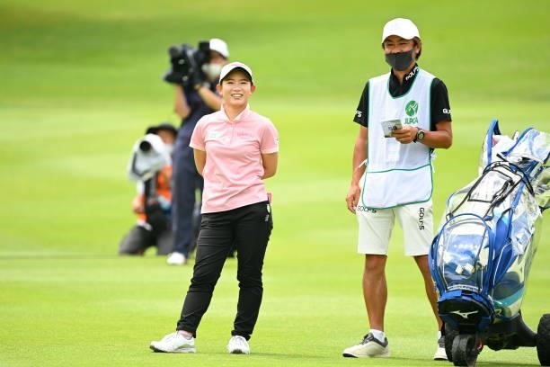 Hikaru Yoshimoto of Japan smiles during the final round of the Ai Miyazato Suntory Ladies Open at Rokko Kokusai Golf Club on June 13, 2021 in Kobe,...