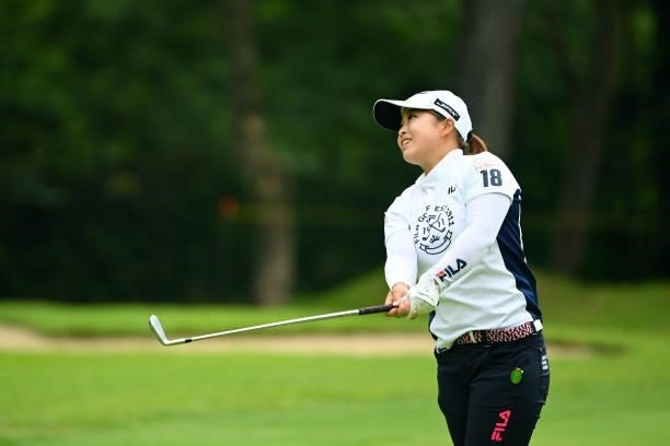 Mao Saigo of Japan hits her second shot on the 7th hole during the final round of the Ai Miyazato Suntory Ladies Open at Rokko Kokusai Golf Club on...