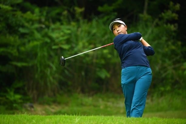 Serena Aoki of Japan hits her tee shot on the 8th hole during the final round of the Ai Miyazato Suntory Ladies Open at Rokko Kokusai Golf Club on...