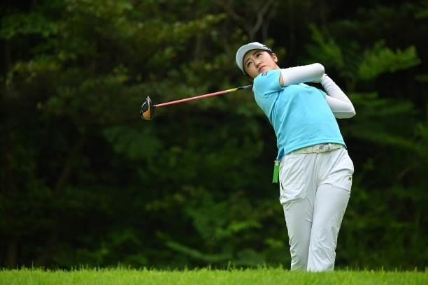 Mone Inami of Japan hits her tee shot on the 8th hole during the final round of the Ai Miyazato Suntory Ladies Open at Rokko Kokusai Golf Club on...